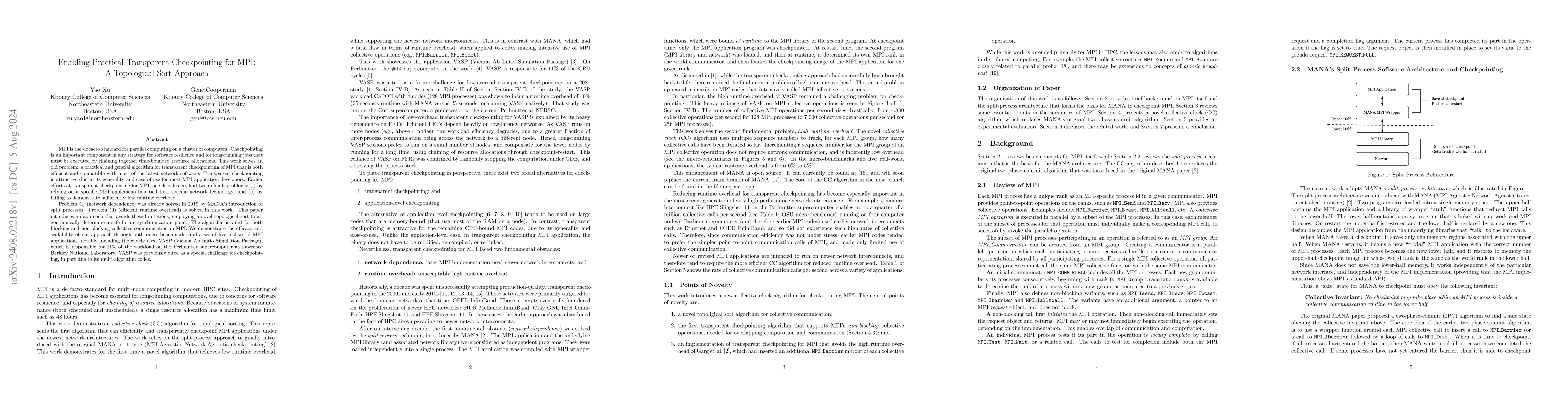 Thumbnail for Enabling Practical Transparent Checkpointing for MPI: A Topological Sort
  Approach