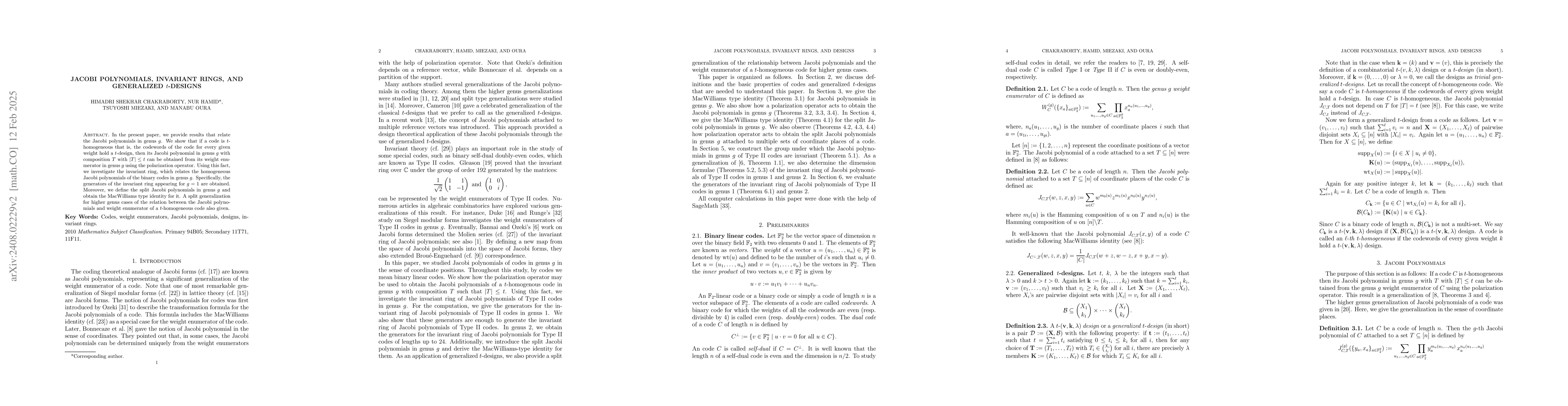 Thumbnail for Jacobi polynomials, invariant rings, and generalized $t$-designs