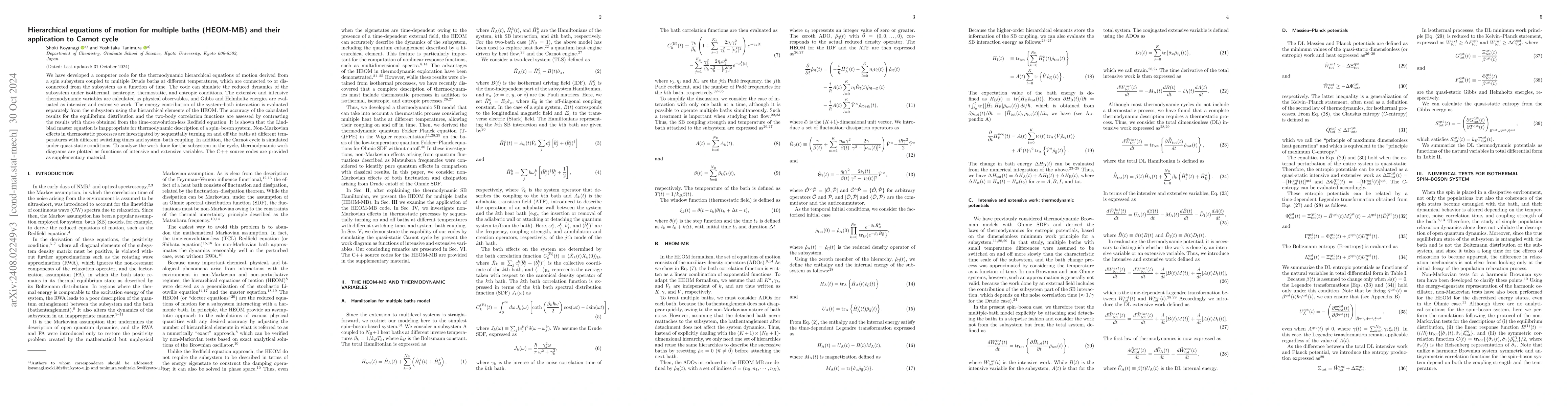 Thumbnail for Hierarchical equations of motion for multiple baths (HEOM-MB) and their
  application to Carnot cycle