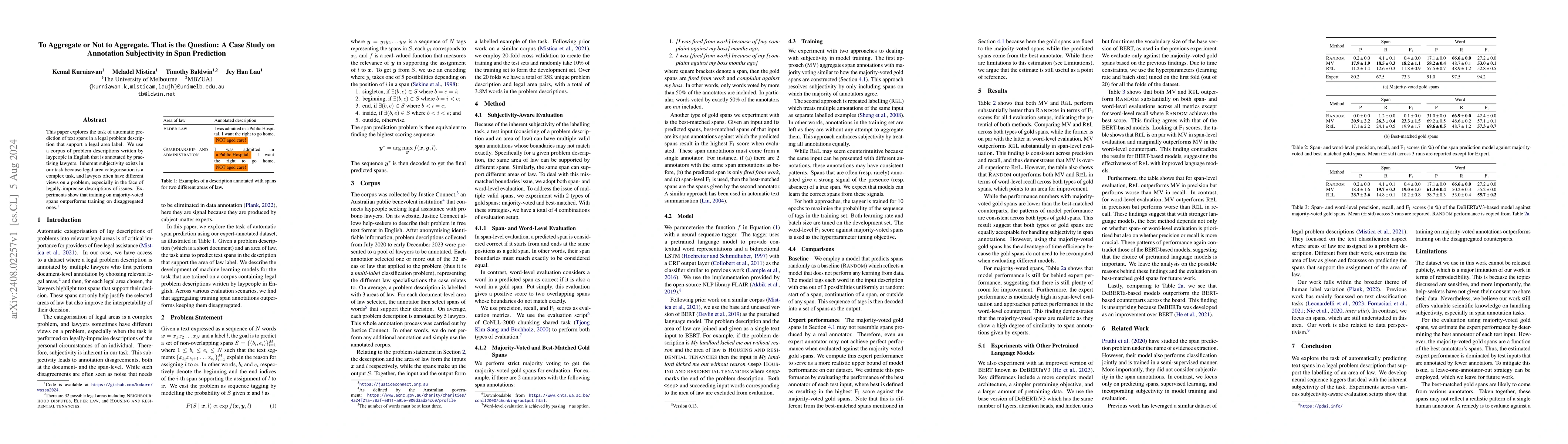 Thumbnail for To Aggregate or Not to Aggregate. That is the Question: A Case Study on
  Annotation Subjectivity in Span Prediction