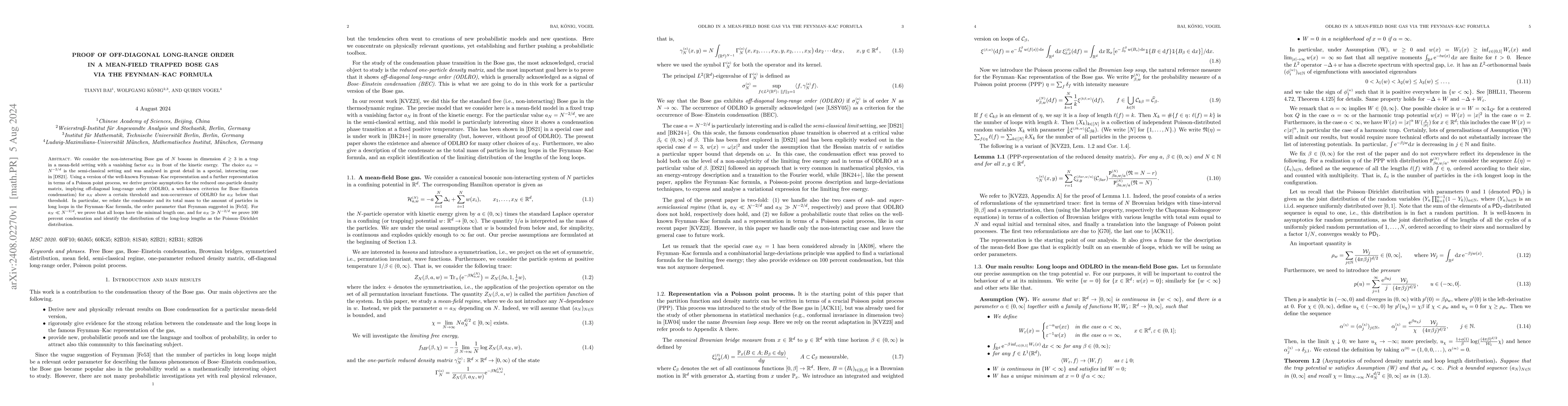 Thumbnail for Proof of off-diagonal long-range order in a mean-field trapped Bose gas
  via the Feynman--Kac formula