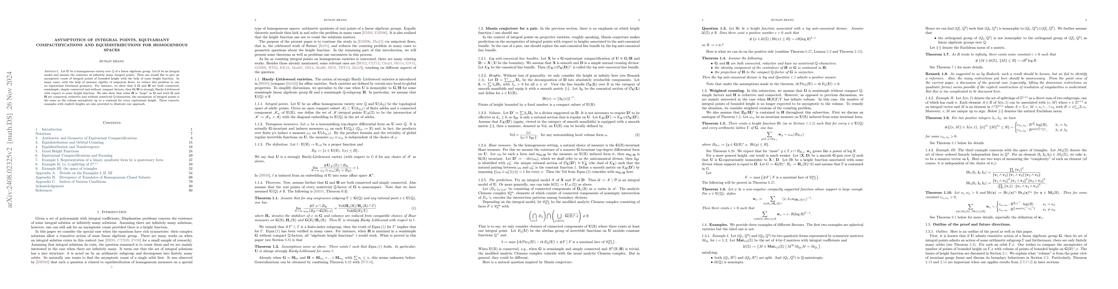 Thumbnail for Asymptotics of integral points, equivariant compactifications and
  equidistributions for homogeneous spaces