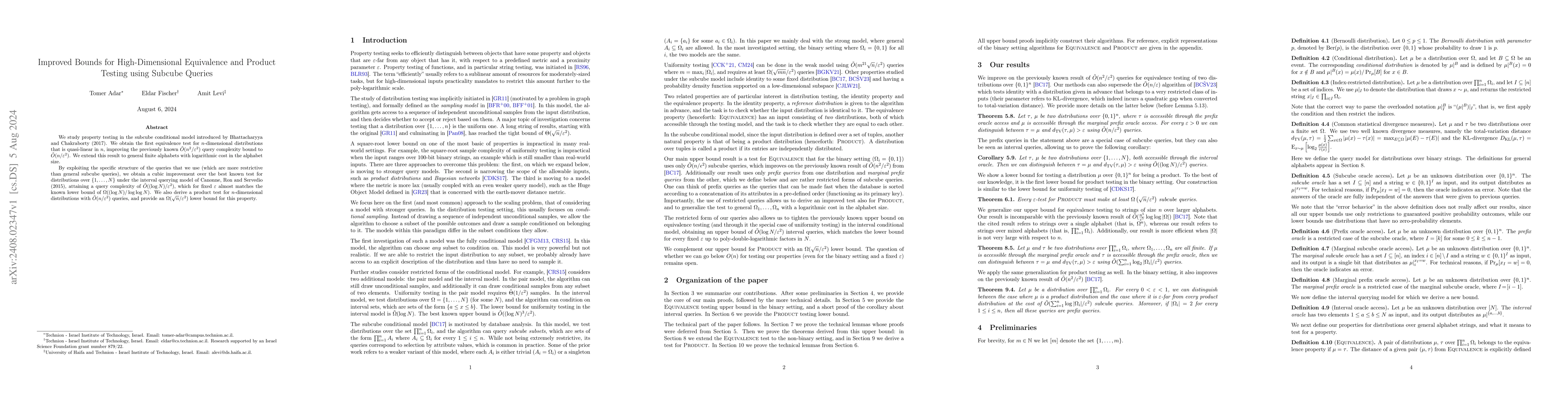 Thumbnail for Improved Bounds for High-Dimensional Equivalence and Product Testing
  using Subcube Queries