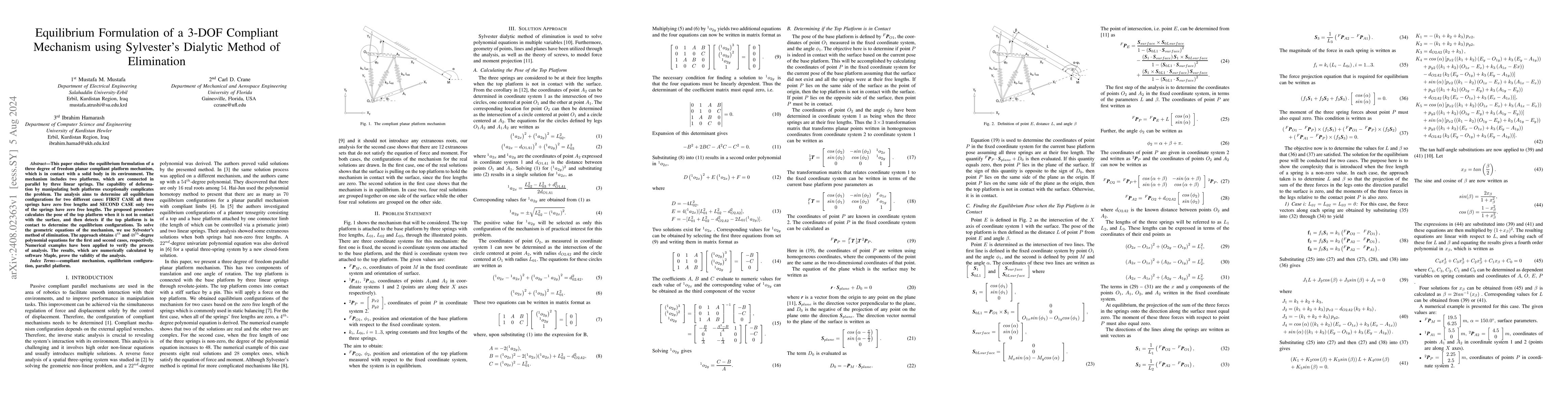 Thumbnail for Equilibrium Formulation of a 3 DOF Compliant Mechanism using Sylvester
  Dialytic Method of Elimination
