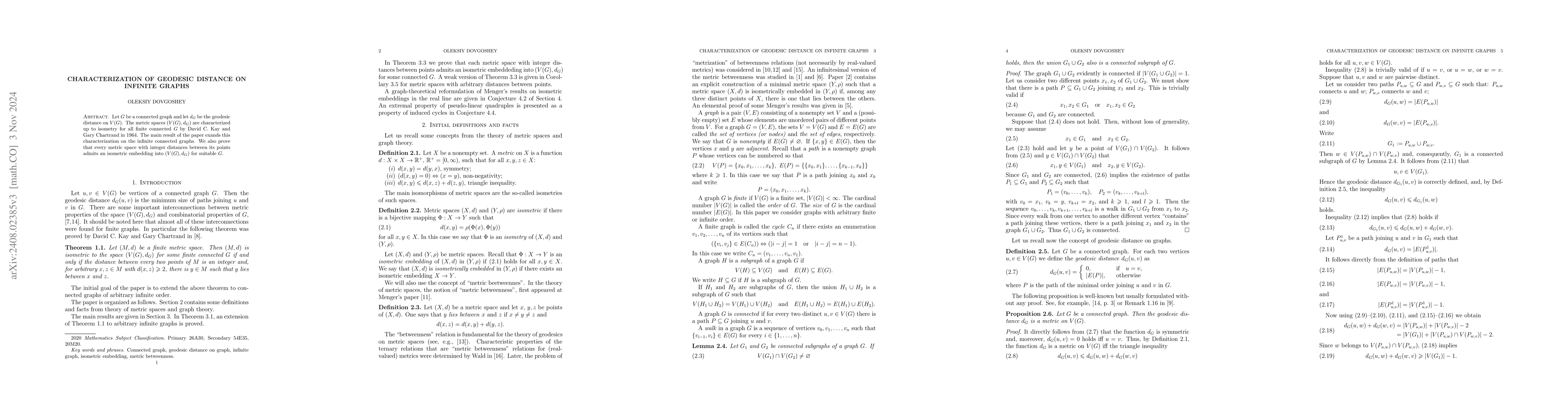 Thumbnail for Characterization of geodesic distance on infinite graphs