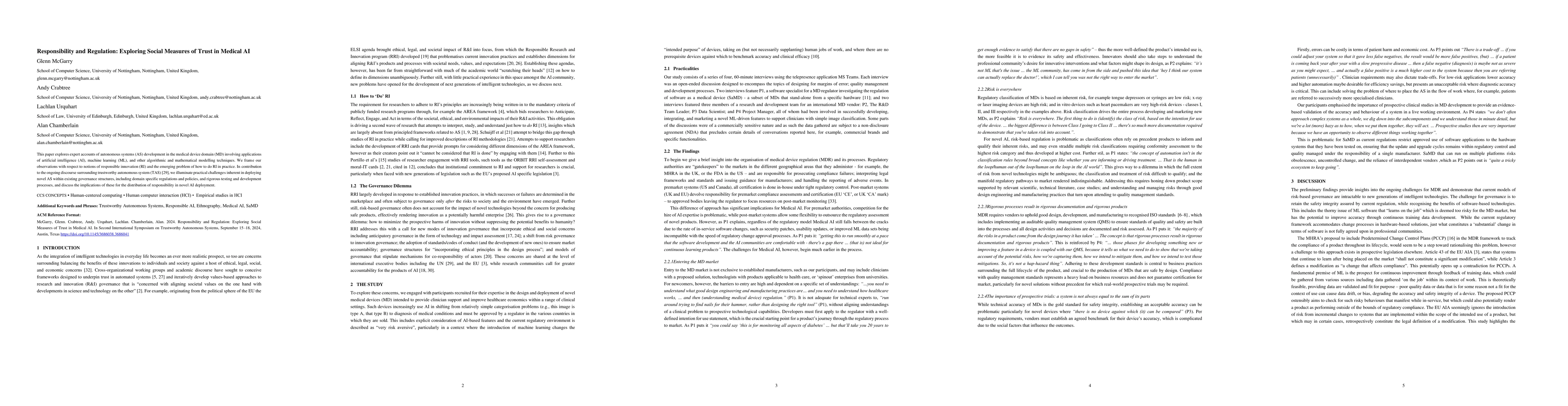 Thumbnail for Responsibility and Regulation: Exploring Social Measures of Trust in
  Medical AI