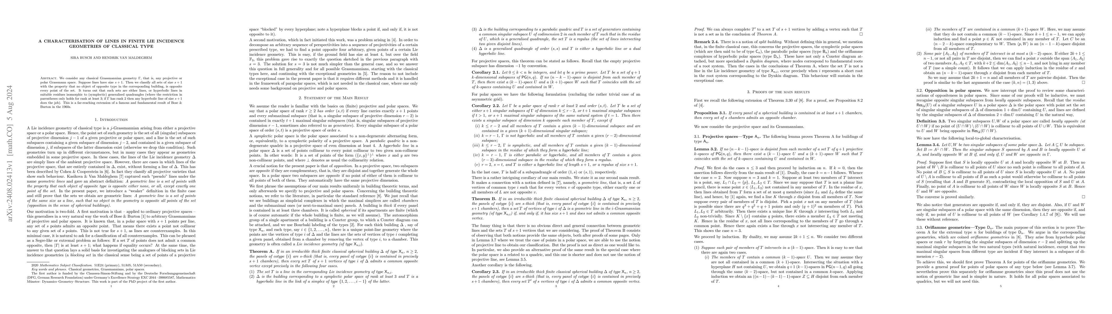 Thumbnail for A Characterisation of lines in finite Lie incidence geometries of
  classical type