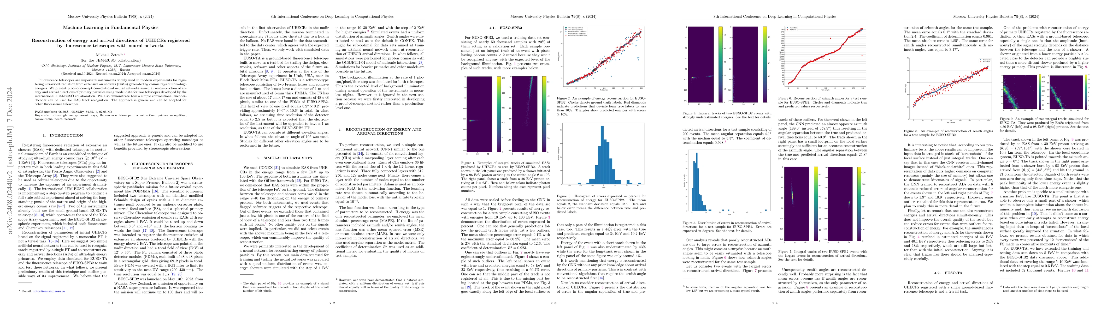 Thumbnail for Reconstruction of energy and arrival directions of UHECRs registered by
  fluorescence telescopes with a neural network