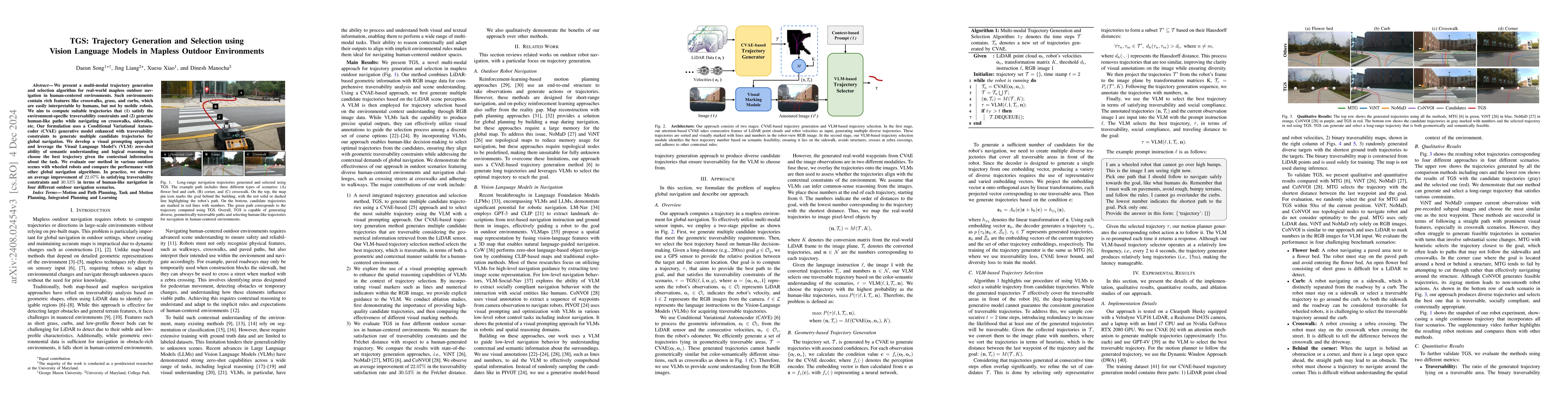 Thumbnail for TGS: Trajectory Generation and Selection using Vision Language Models in
  Mapless Outdoor Environments