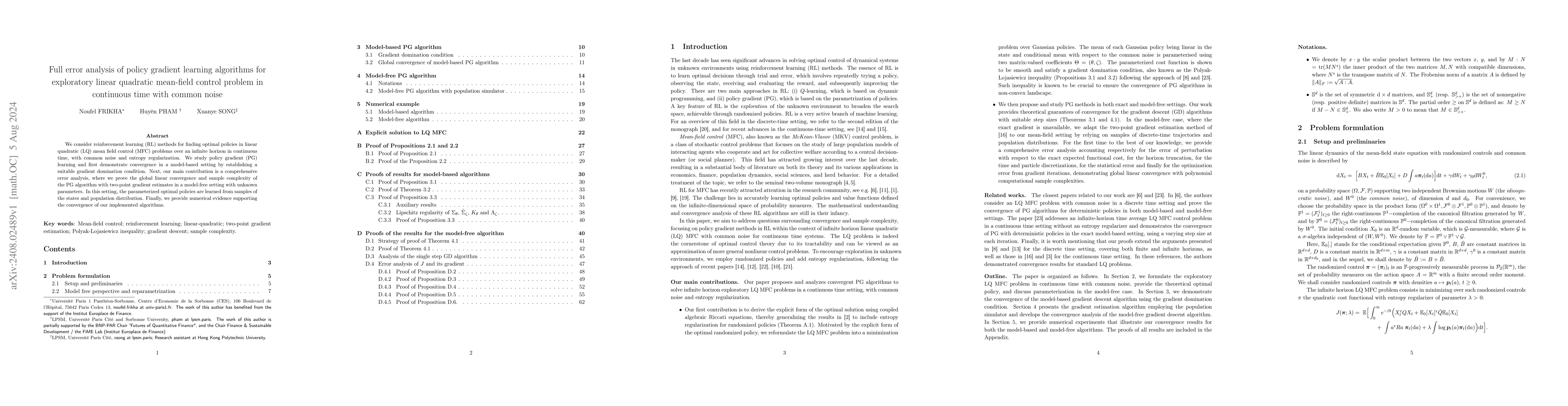 Thumbnail for Full error analysis of policy gradient learning algorithms for
  exploratory linear quadratic mean-field control problem in continuous time
  with common noise