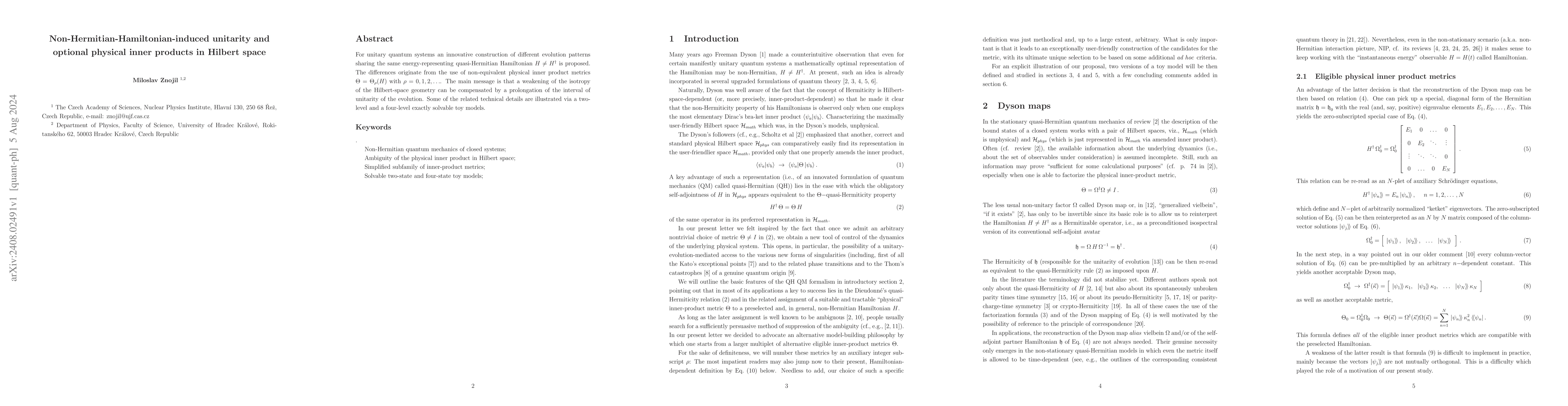 Thumbnail for Non-Hermitian-Hamiltonian-induced unitarity and optional physical inner
  products in Hilbert space