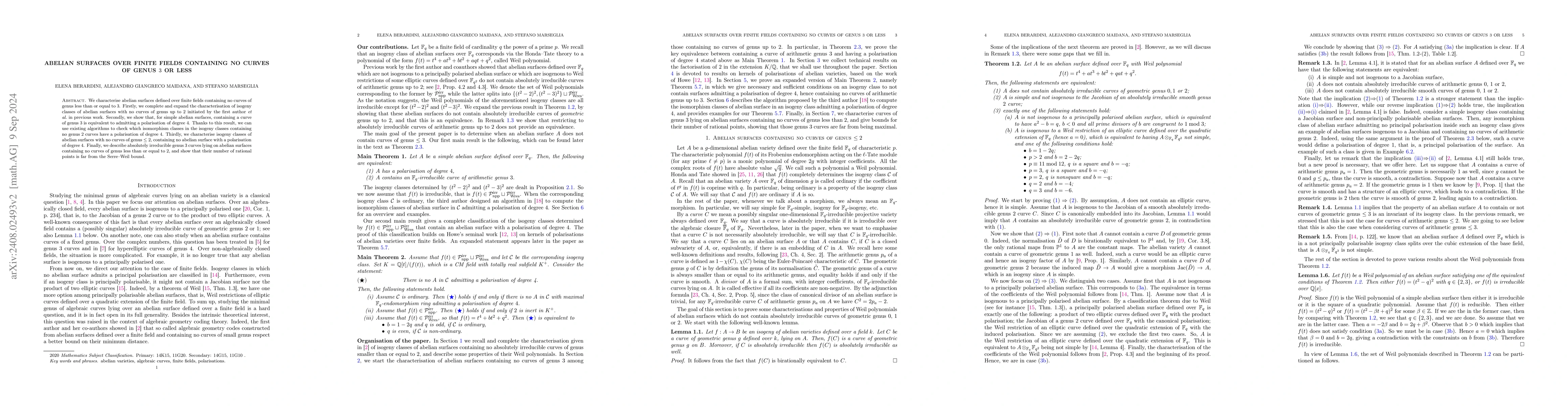 Thumbnail for Abelian surfaces over finite fields containing no curves of genus $3$ or
  less
