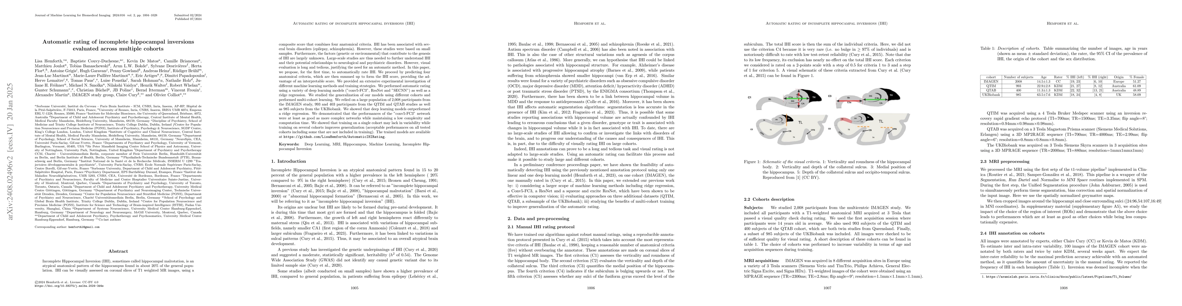 Thumbnail for Automatic rating of incomplete hippocampal inversions evaluated across
  multiple cohorts