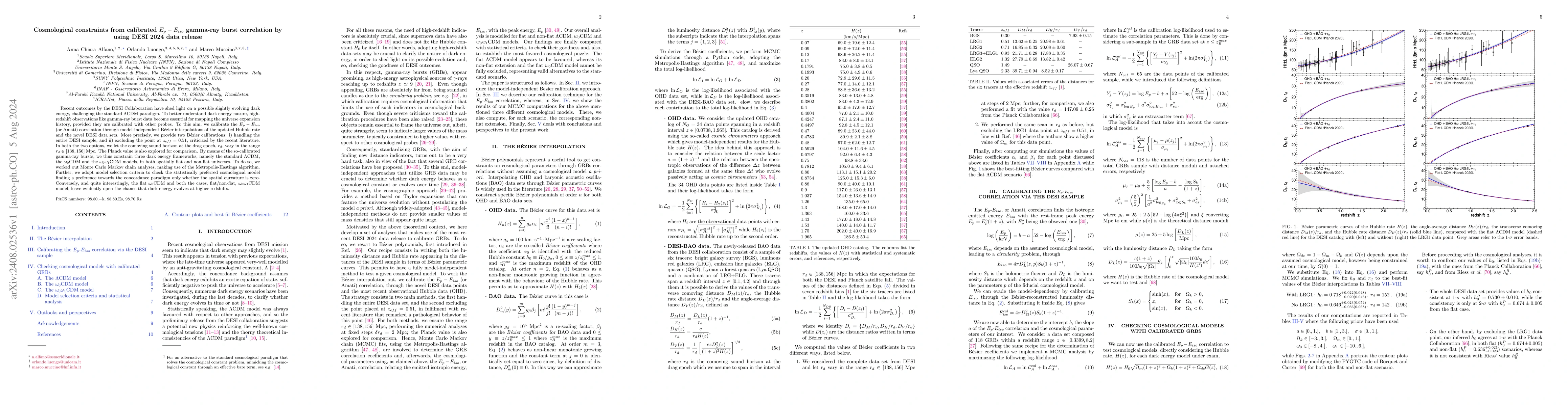 Thumbnail for Cosmological constraints from calibrated $E_p-E_{iso}$ gamma-ray burst
  correlation by using DESI 2024 data release