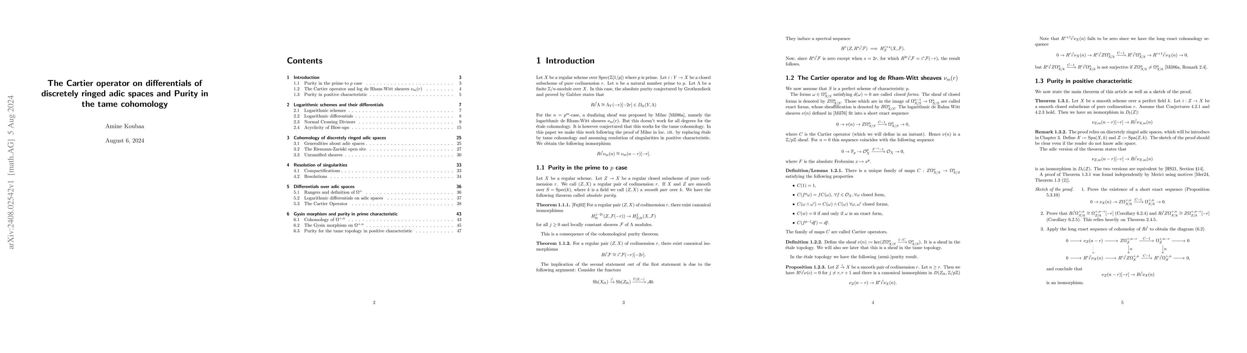 Thumbnail for The Cartier operator on differentials of discretely ringed adic spaces
  and Purity in the tame cohomology