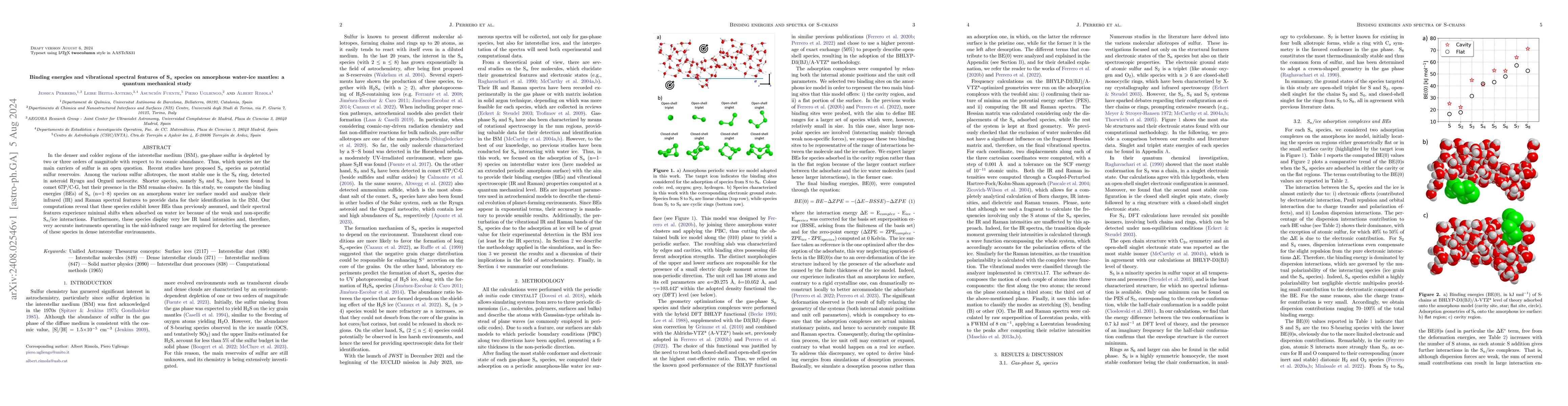 Thumbnail for Binding Energies and Vibrational Spectral Features of S$_n$ Species on
  Amorphous Water-ice Mantles: A Quantum Mechanical Study