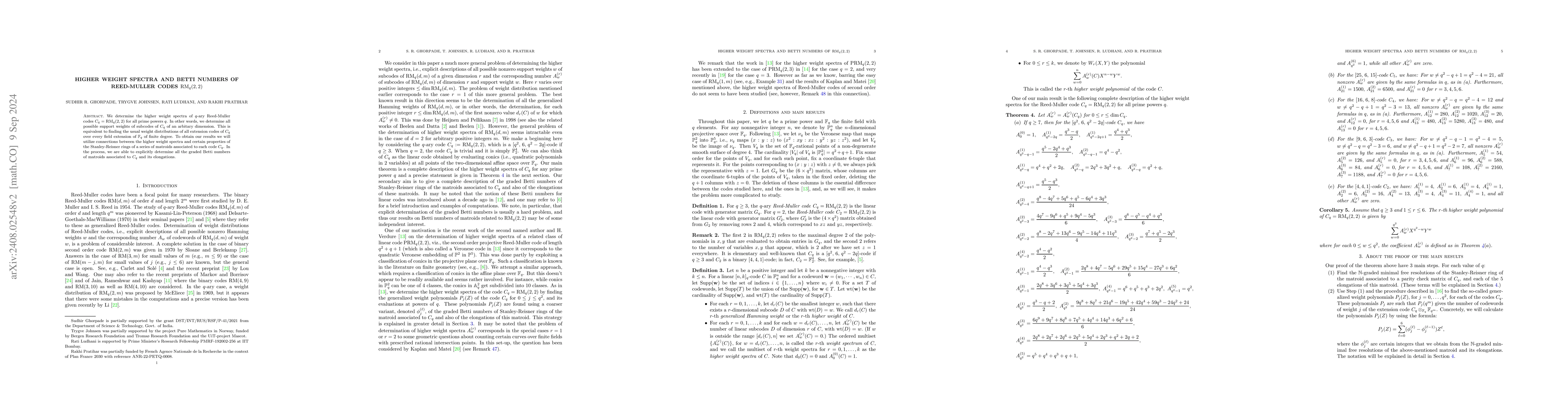 Thumbnail for Higher weight spectra and Betti numbers of Reed-Muller codes $RM_q(2,2)$