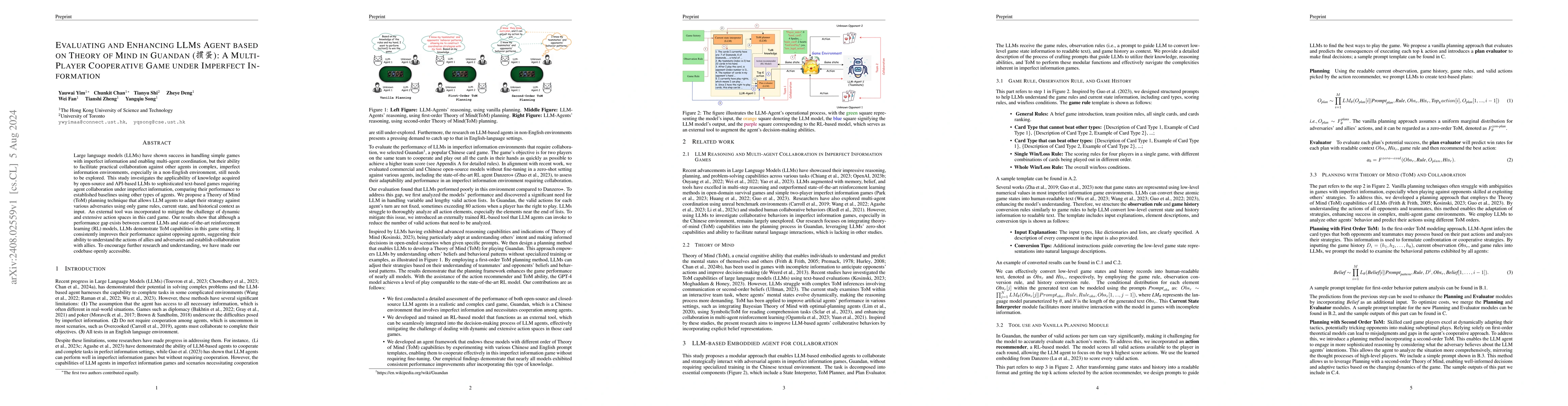 Thumbnail for Evaluating and Enhancing LLMs Agent based on Theory of Mind in Guandan:
  A Multi-Player Cooperative Game under Imperfect Information