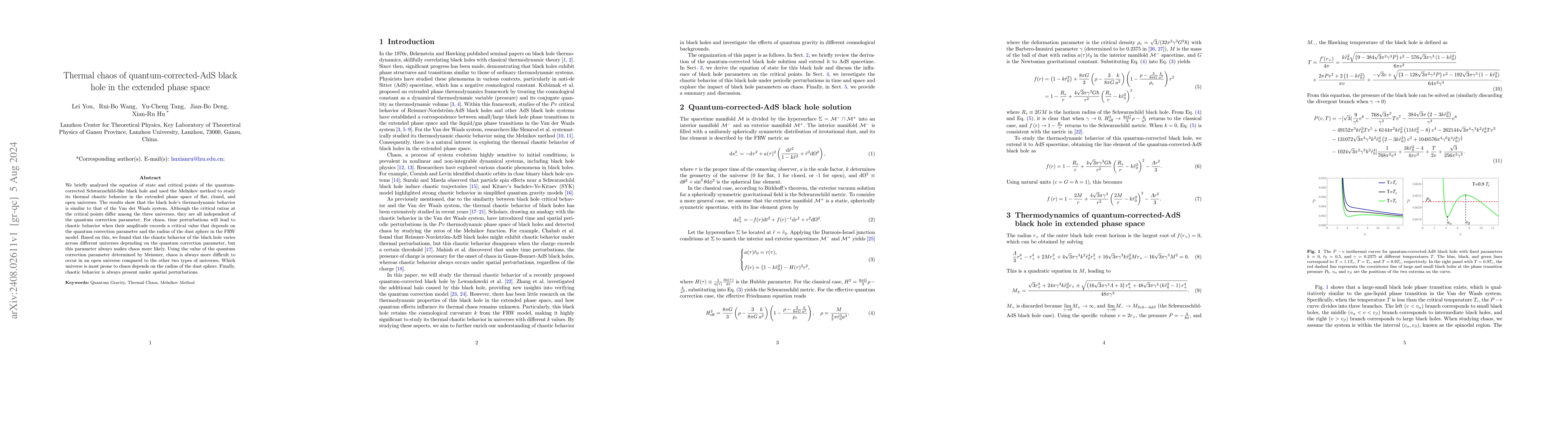 Thumbnail for Thermal chaos of quantum-corrected-AdS black hole in the extended phase
  space