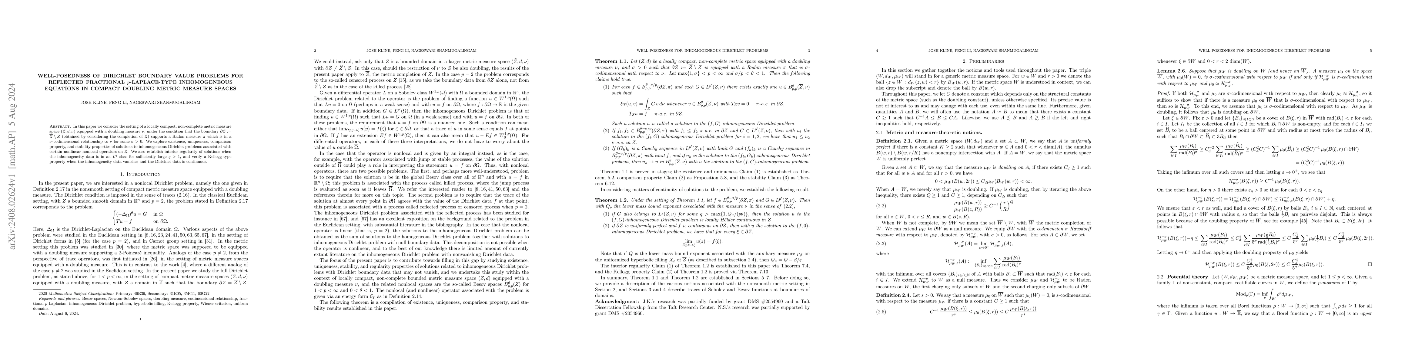 Thumbnail for Well-posedness of Dirichlet boundary value problems for reflected
  fractional $p$-Laplace-type inhomogeneous equations in compact doubling
  metric measure spaces