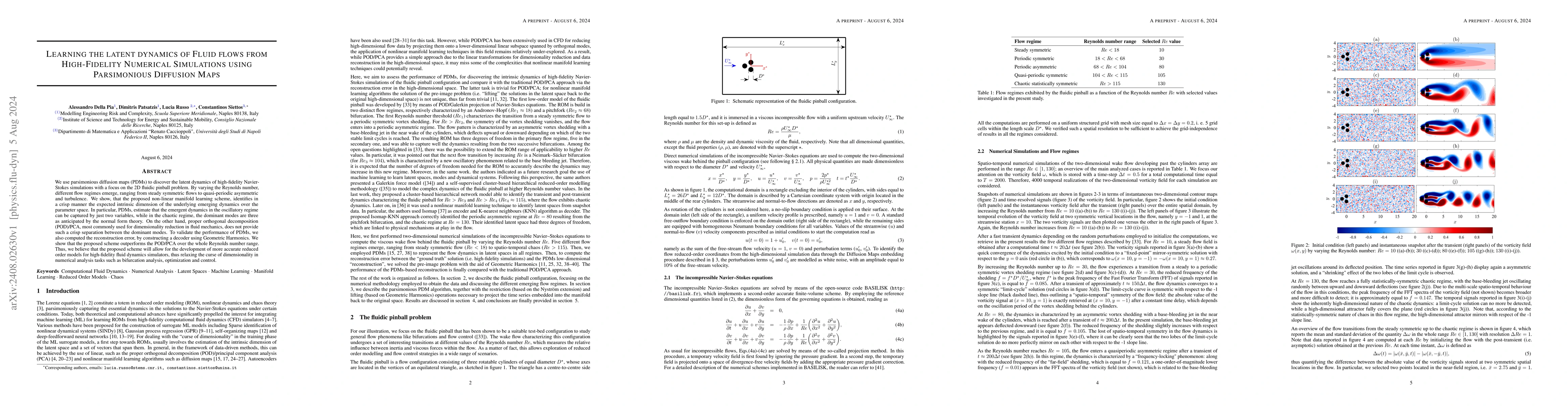Thumbnail for Learning the Latent dynamics of Fluid flows from High-Fidelity Numerical
  Simulations using Parsimonious Diffusion Maps