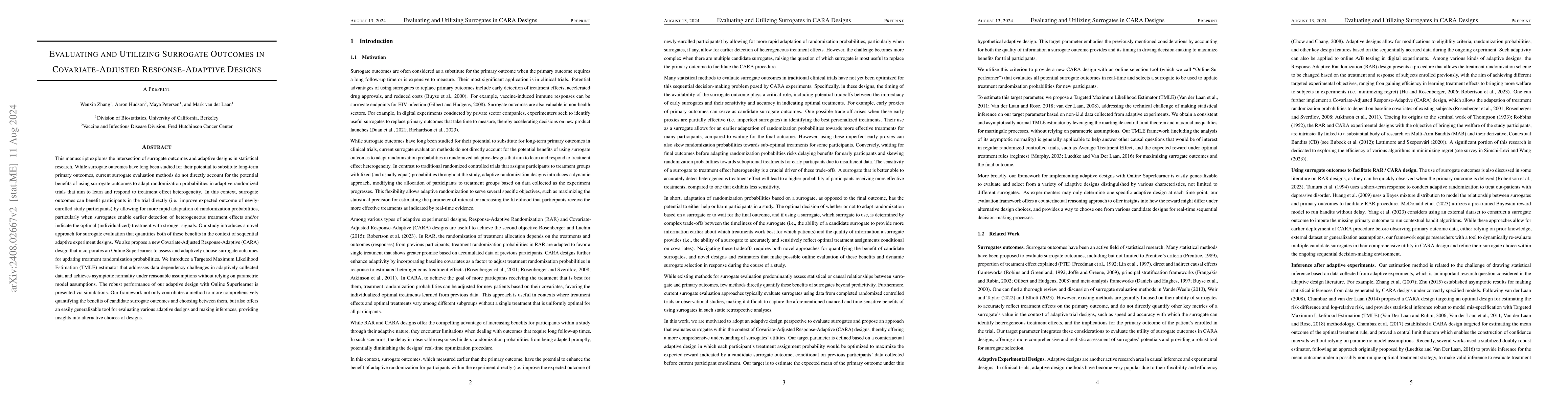 Thumbnail for Evaluating and Utilizing Surrogate Outcomes in Covariate-Adjusted
  Response-Adaptive Designs