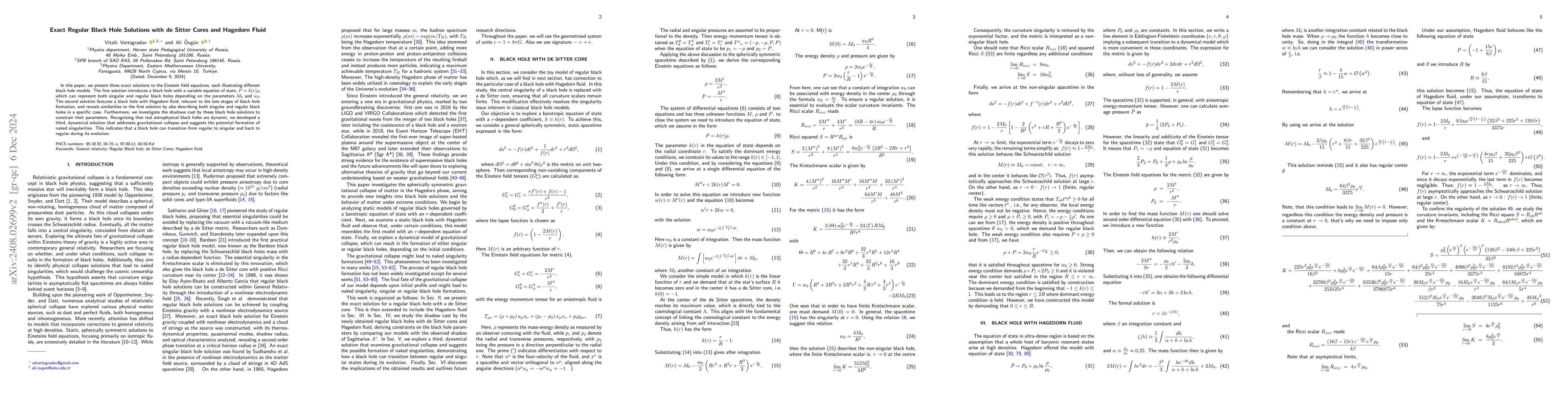 Thumbnail for Exact Regular Black Hole Solutions with de Sitter Cores and Hagedorn
  Fluid