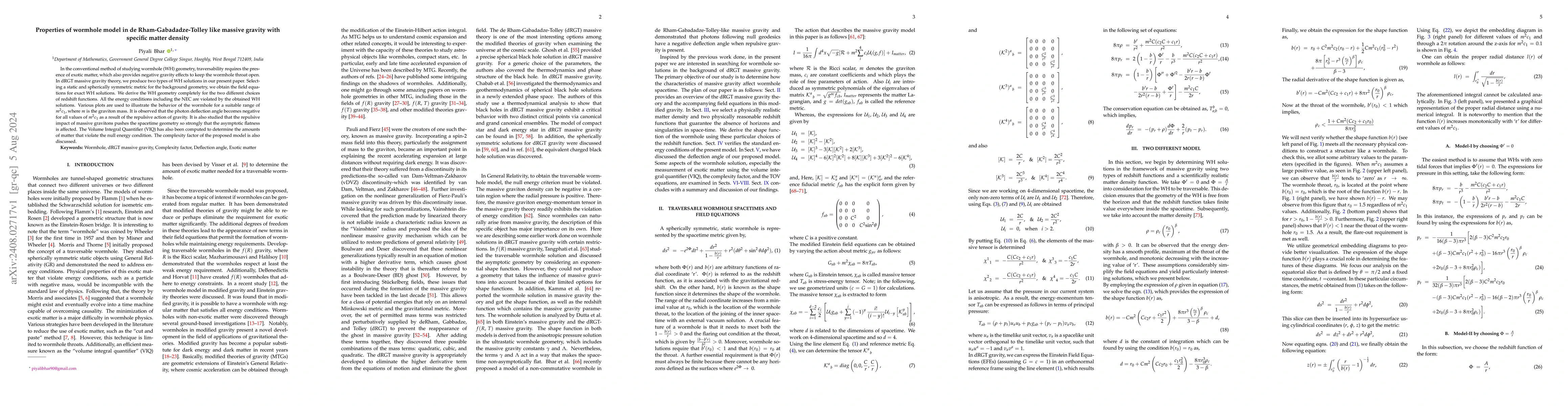 Thumbnail for Properties of wormhole model in de Rham-Gabadadze-Tolley like massive
  gravity with specific matter density