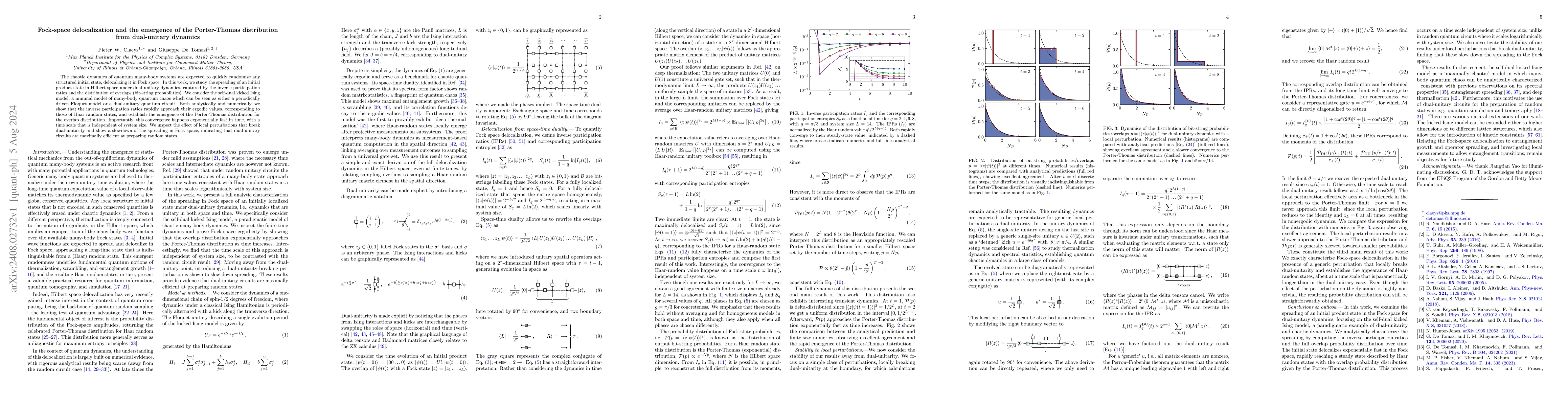Thumbnail for Fock-space delocalization and the emergence of the Porter-Thomas
  distribution from dual-unitary dynamics