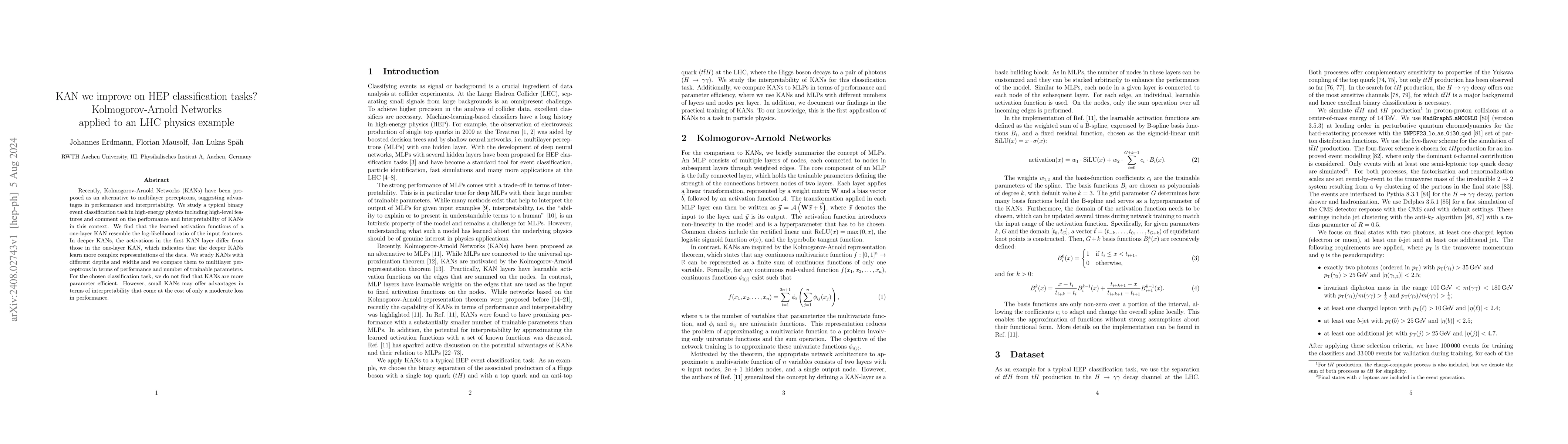 Thumbnail for KAN we improve on HEP classification tasks? Kolmogorov-Arnold Networks
  applied to an LHC physics example