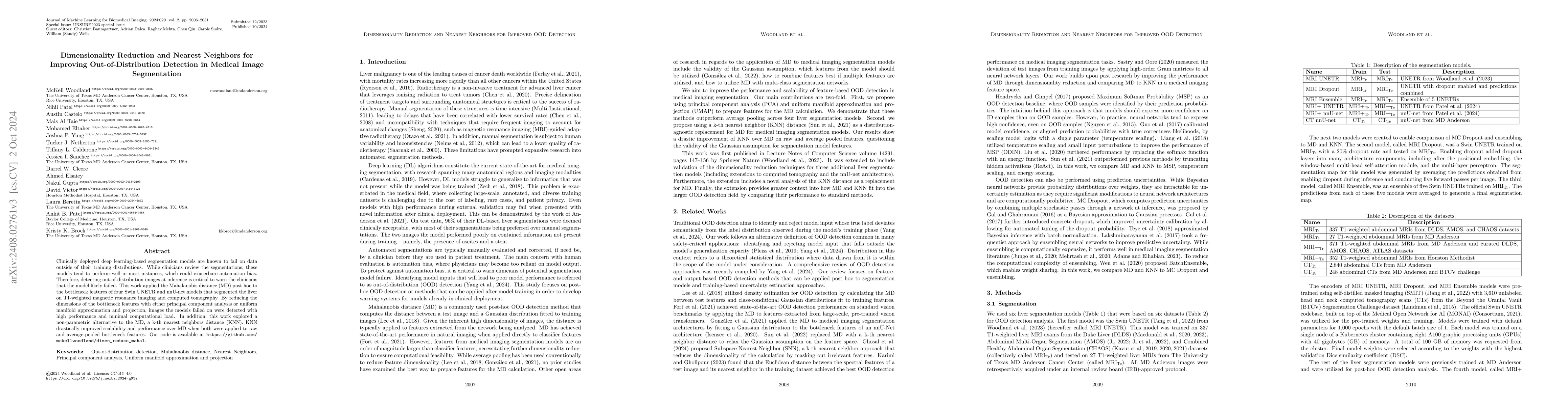 Thumbnail for Dimensionality Reduction and Nearest Neighbors for Improving
  Out-of-Distribution Detection in Medical Image Segmentation