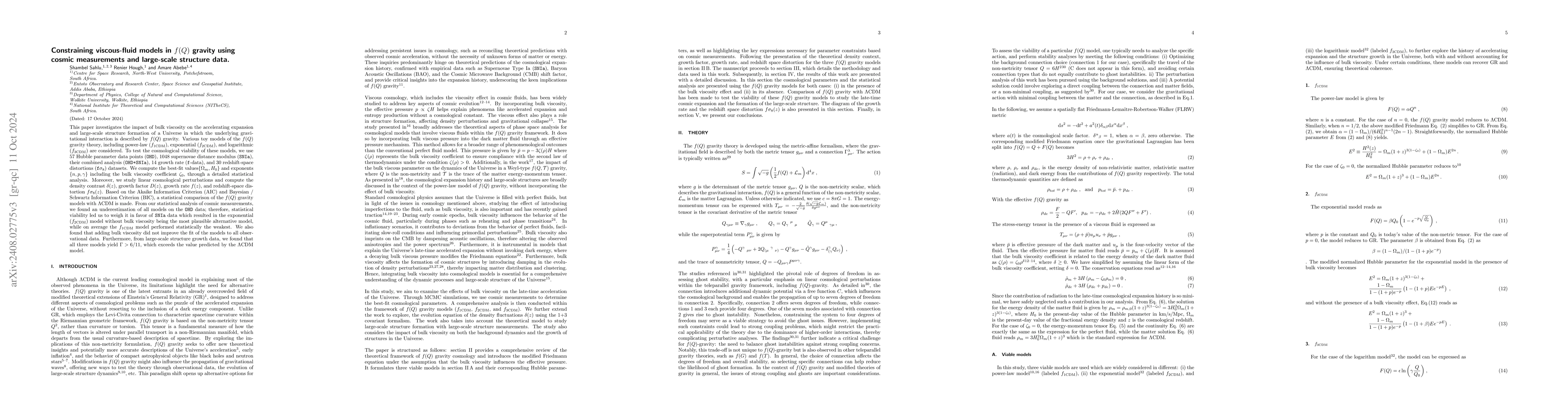 Thumbnail for Constraining viscous-fluid models in $f(Q)$ gravity using cosmic
  measurements and large-scale structure data