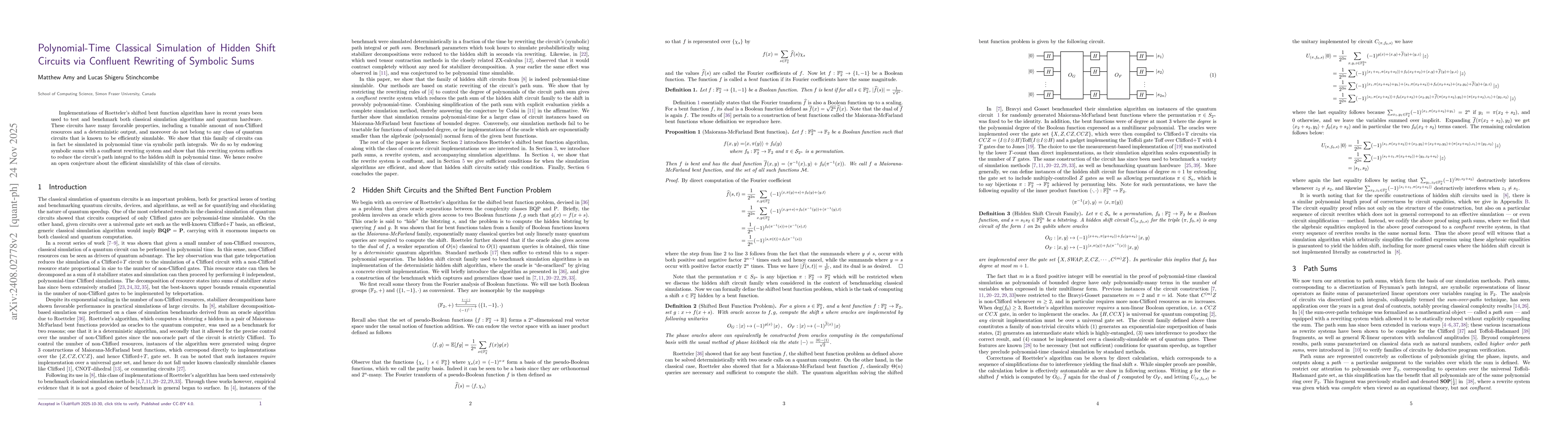 Thumbnail for Polynomial-Time Classical Simulation of Hidden Shift Circuits via Confluent Rewriting of Symbolic Sums