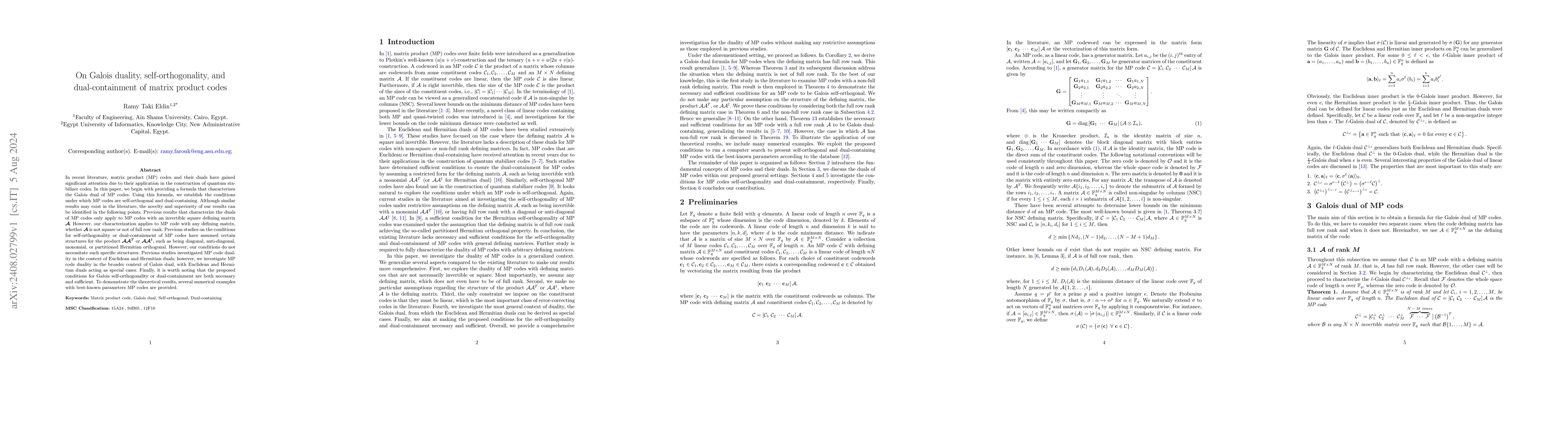 Thumbnail for On Galois duality, self-orthogonality, and dual-containment of matrix
  product codes