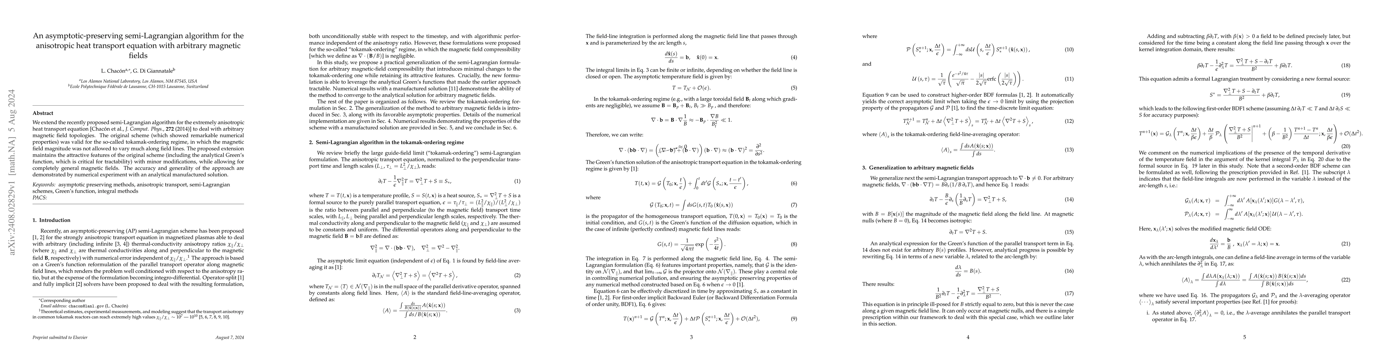 Thumbnail for An asymptotic-preserving semi-Lagrangian algorithm for the anisotropic
  heat transport equation with arbitrary magnetic fields