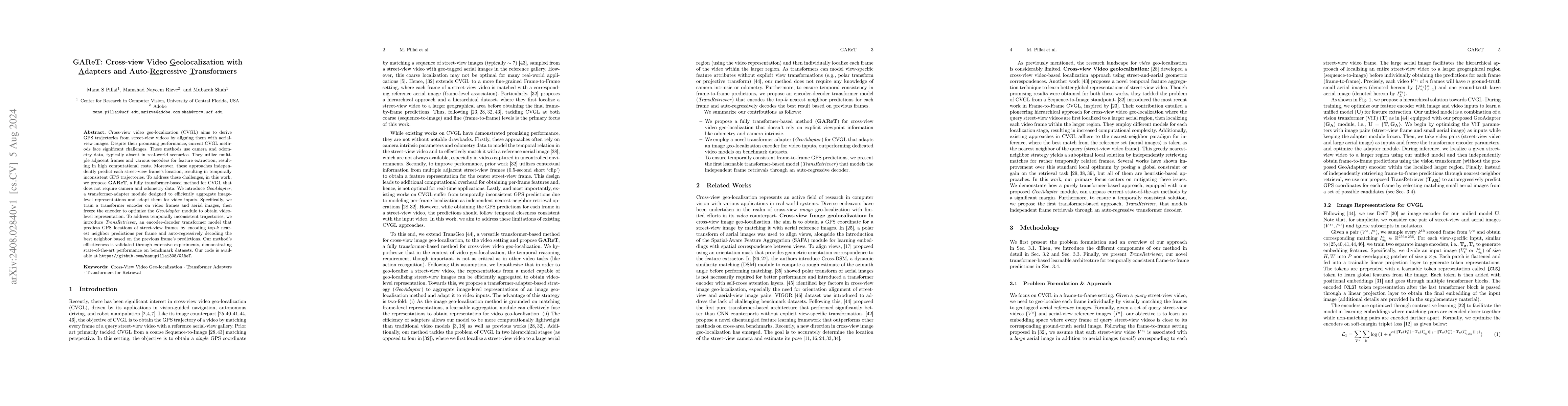 Thumbnail for GAReT: Cross-view Video Geolocalization with Adapters and
  Auto-Regressive Transformers