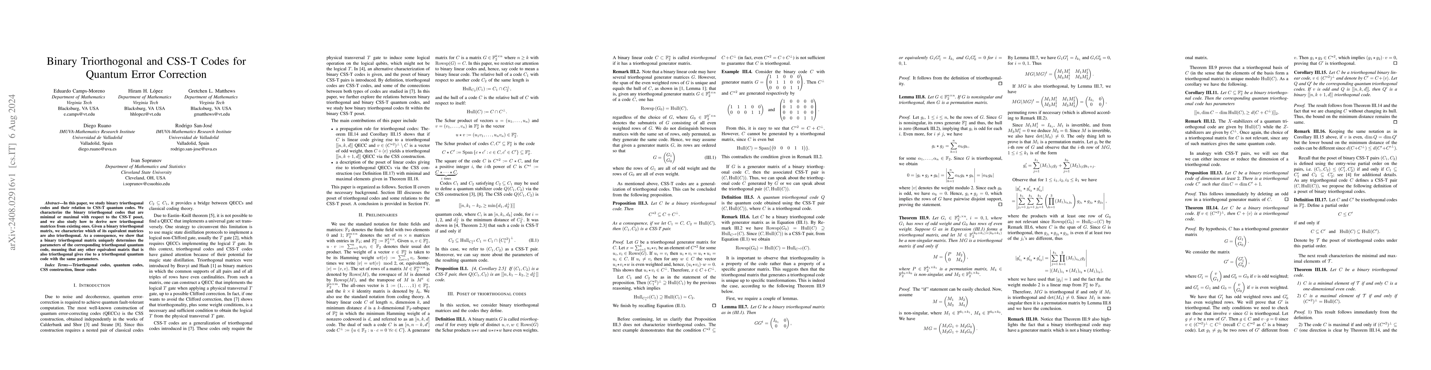 Thumbnail for Binary Triorthogonal and CSS-T Codes for Quantum Error Correction