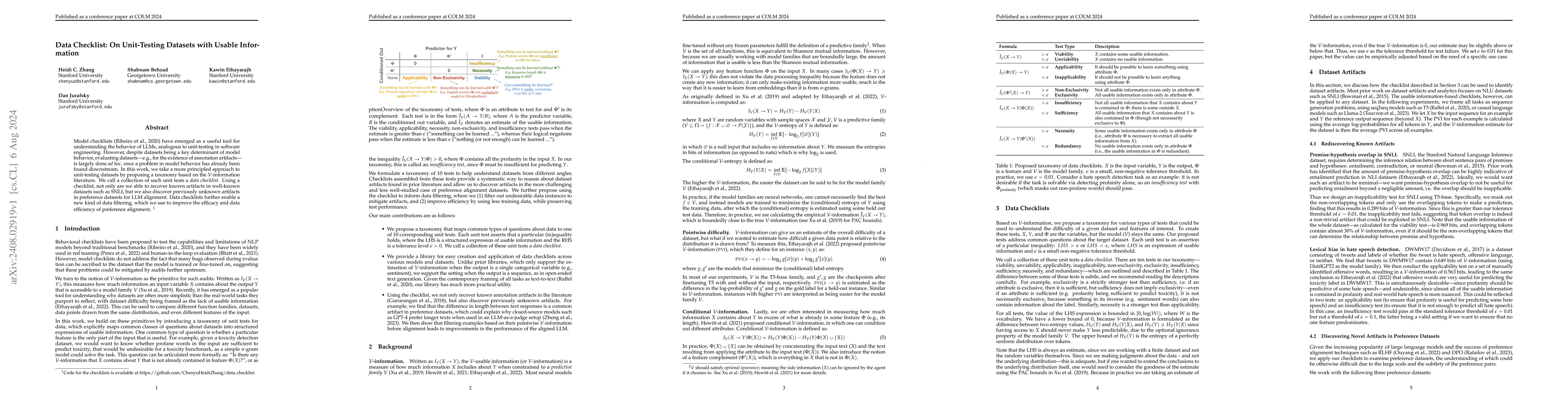 Thumbnail for Data Checklist: On Unit-Testing Datasets with Usable Information