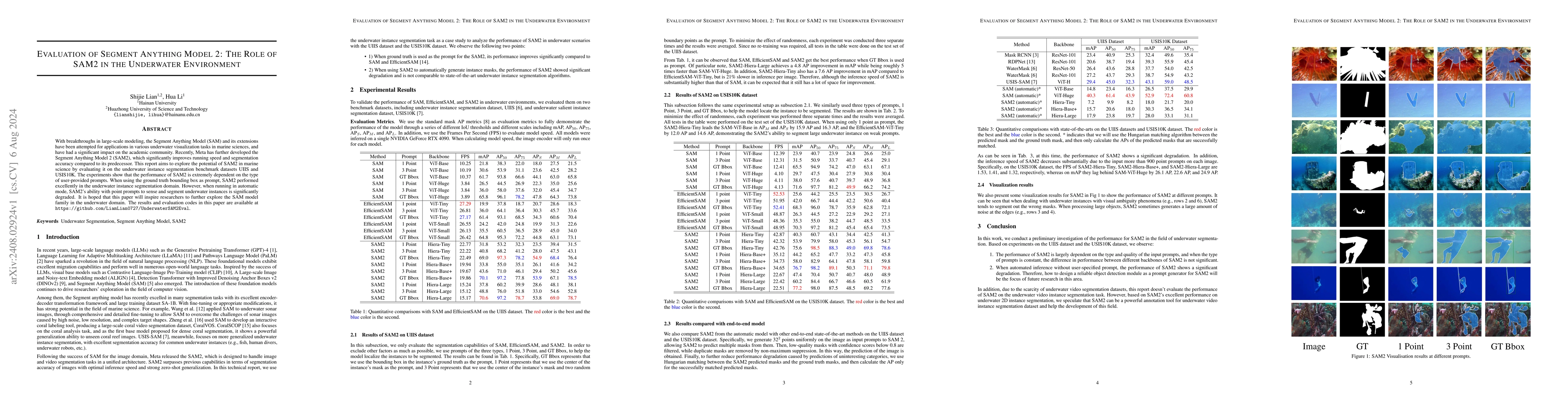 Thumbnail for Evaluation of Segment Anything Model 2: The Role of SAM2 in the
  Underwater Environment