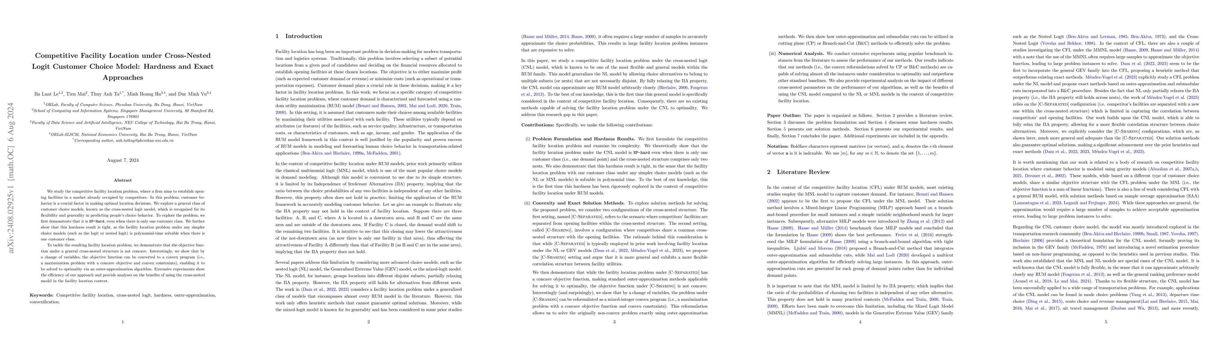 Thumbnail for Competitive Facility Location under Cross-Nested Logit Customer Choice
  Model: Hardness and Exact Approaches