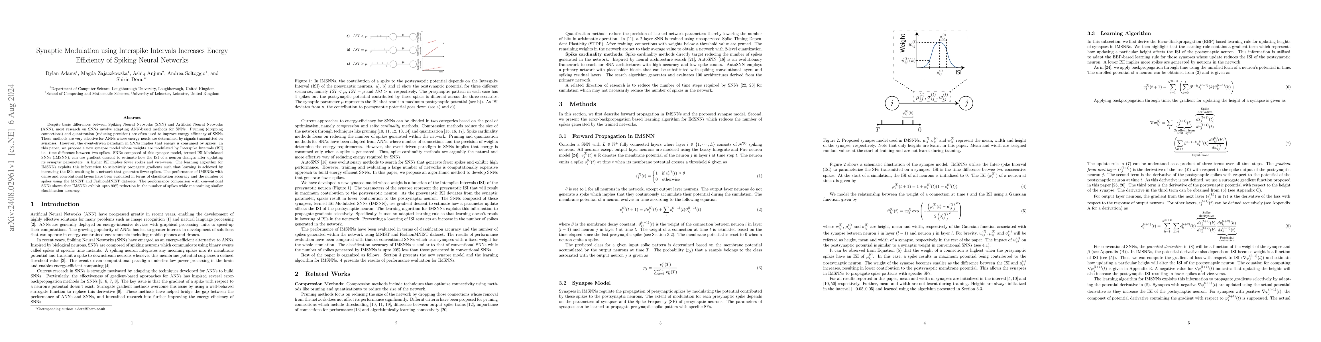 Thumbnail for Synaptic Modulation using Interspike Intervals Increases Energy
  Efficiency of Spiking Neural Networks