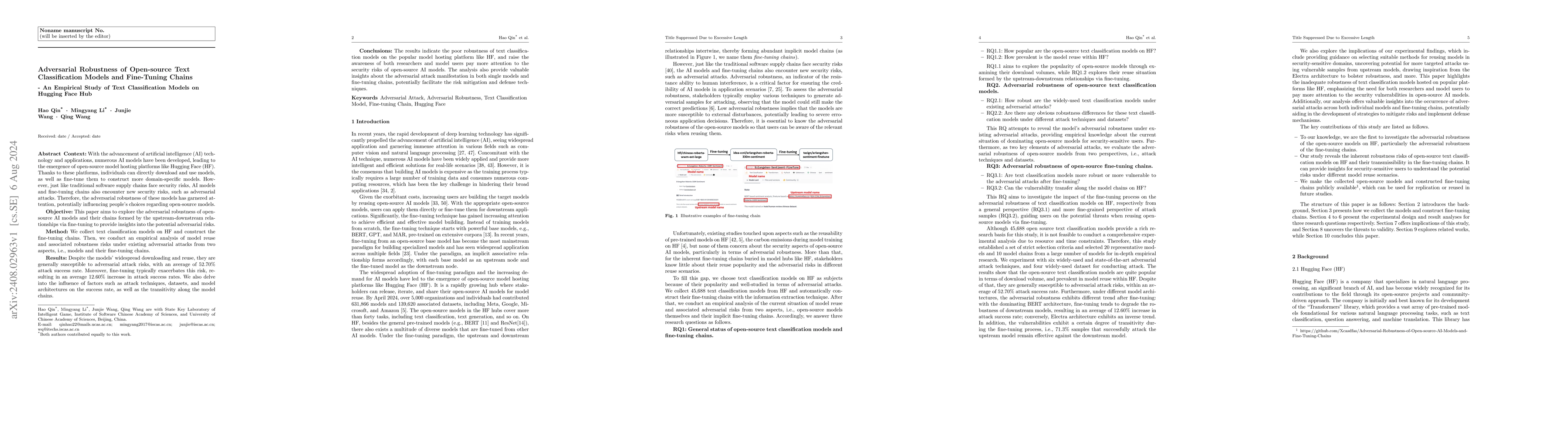 Thumbnail for Adversarial Robustness of Open-source Text Classification Models and
  Fine-Tuning Chains