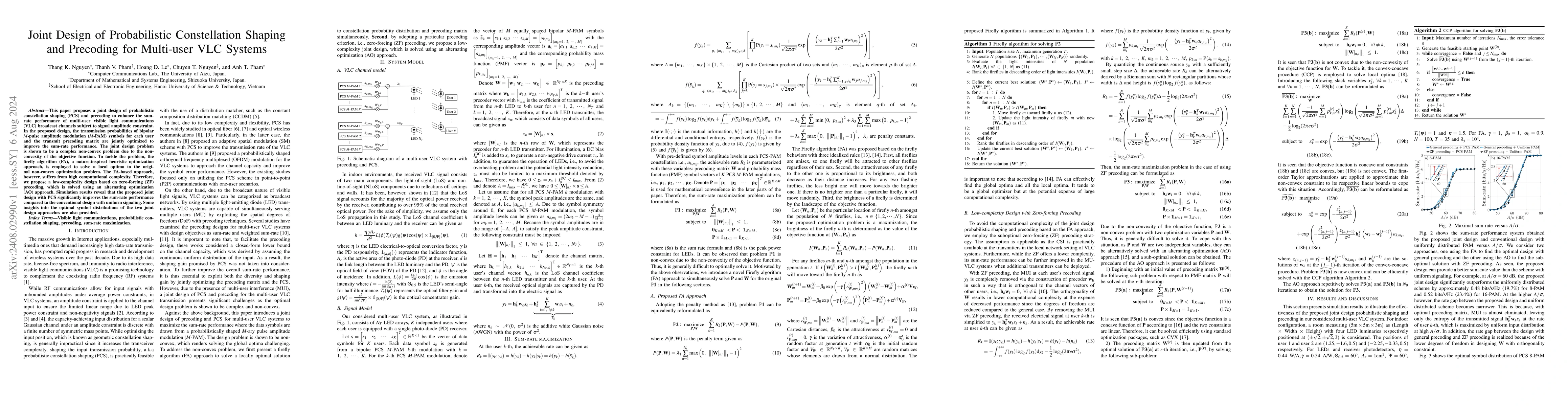Thumbnail for Joint Design of Probabilistic Constellation Shaping and Precoding for
  Multi-user VLC Systems