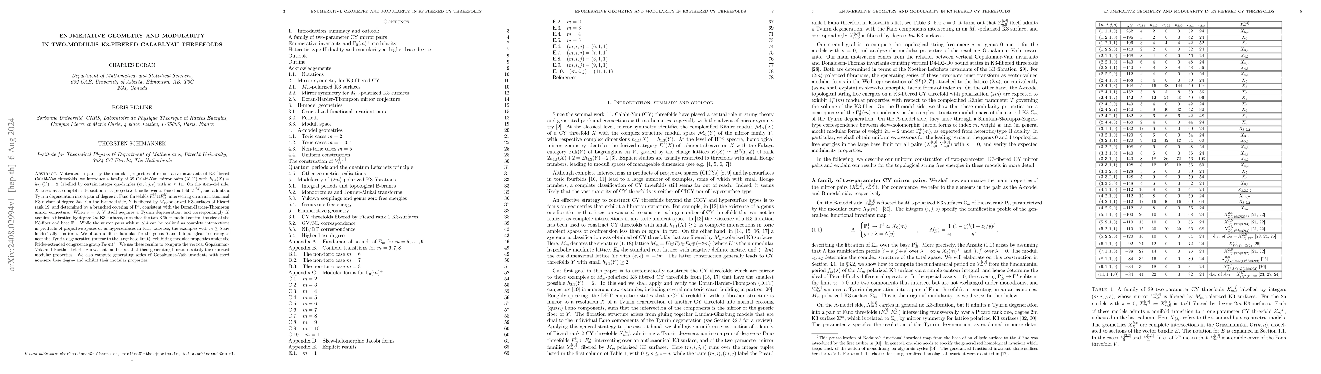 Thumbnail for Enumerative geometry and modularity in two-modulus K3-fibered Calabi-Yau
  threefolds