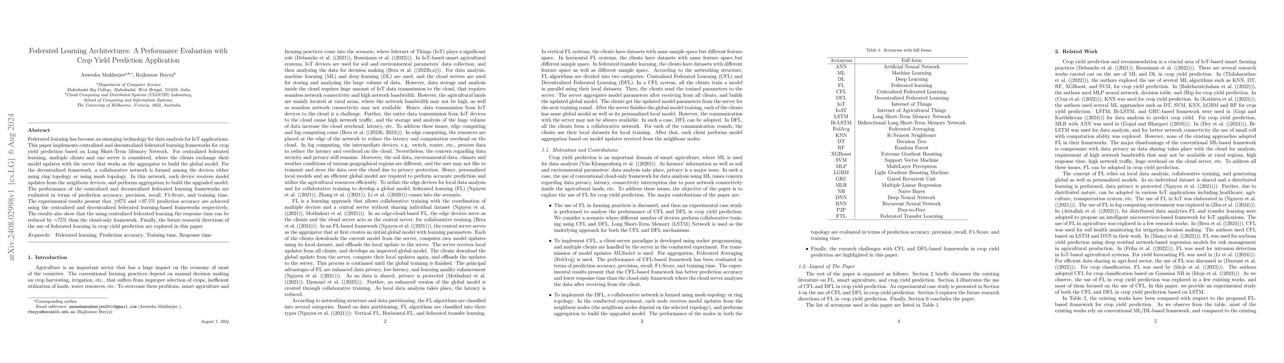 Thumbnail for Federated Learning Architectures: A Performance Evaluation with Crop
  Yield Prediction Application