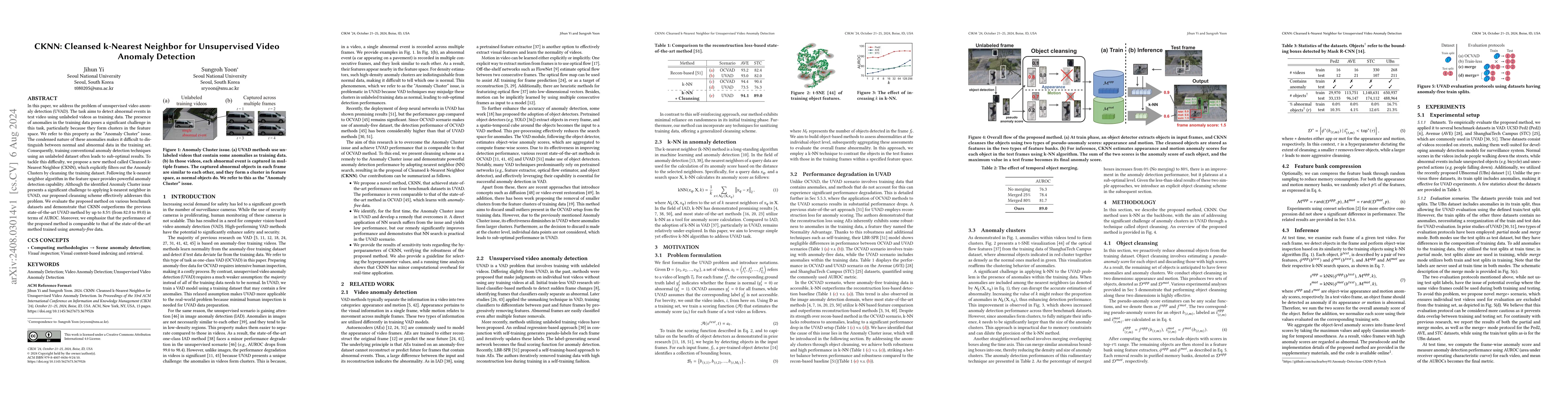 Thumbnail for CKNN: Cleansed k-Nearest Neighbor for Unsupervised Video Anomaly
  Detection