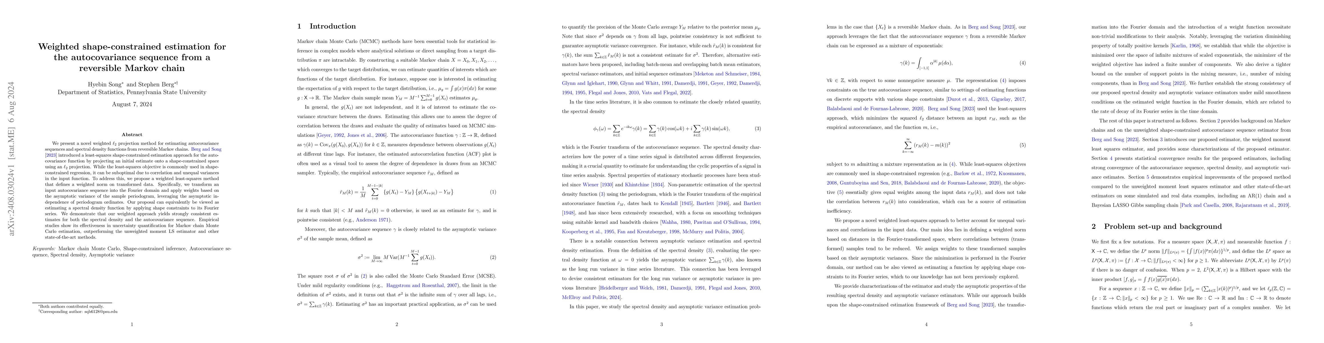Thumbnail for Weighted shape-constrained estimation for the autocovariance sequence
  from a reversible Markov chain
