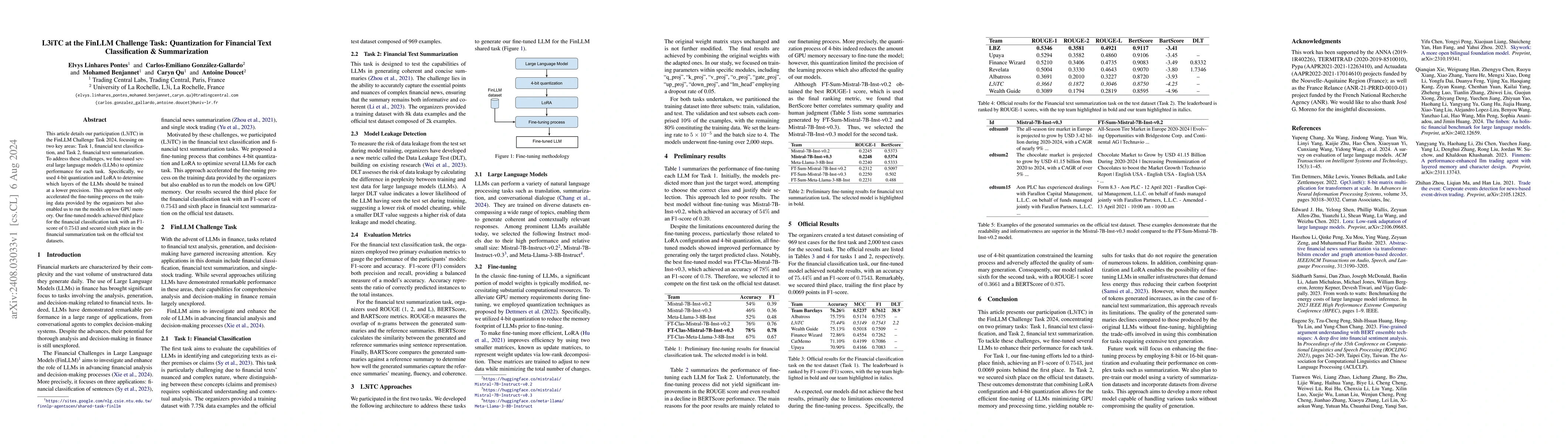 Thumbnail for L3iTC at the FinLLM Challenge Task: Quantization for Financial Text
  Classification & Summarization