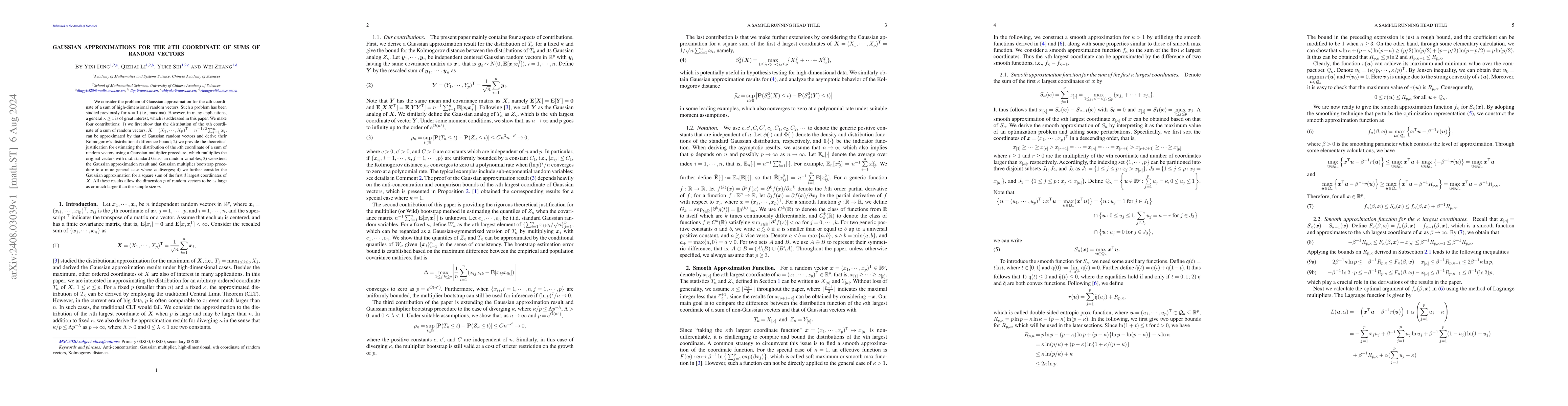 Thumbnail for Gaussian Approximations for the $k$th coordinate of sums of random
  vectors