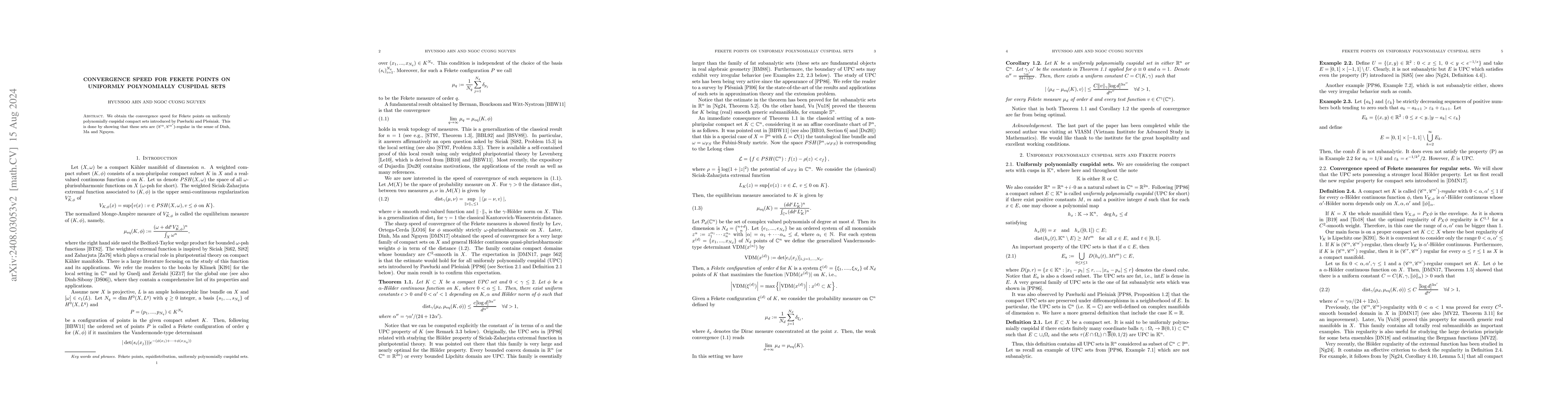 Thumbnail for Convergence Speed for Fekete Points on Uniformly Polynomially Cuspidal
  Sets